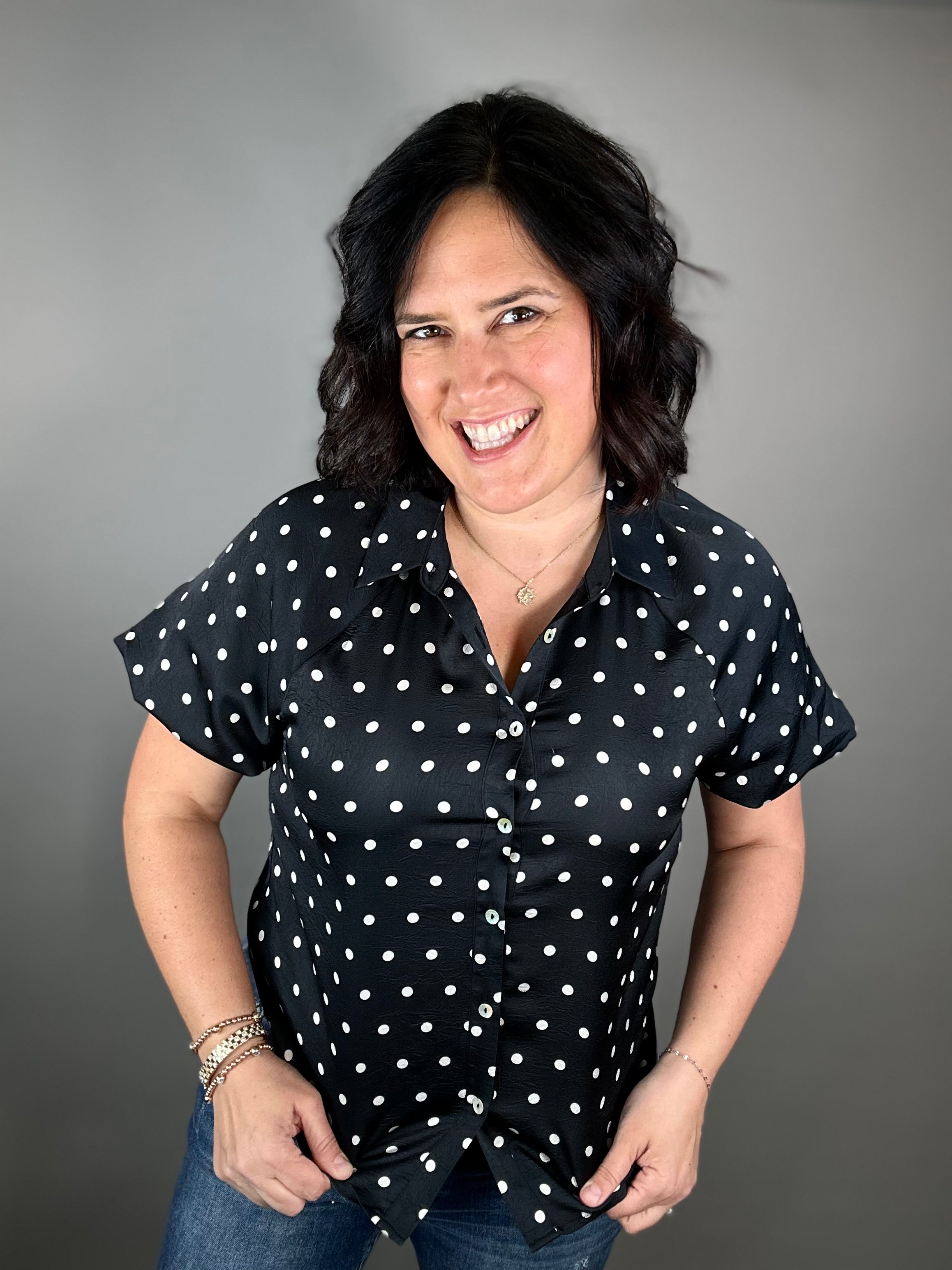 Polka Dot Bubble Sleeve Blouse Tops- Blouses DOE & RAE