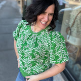 Green Leaf Embroidered Eyelet Bubble Sleeve Top