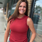 Burnt Sienna Ruffle Trim Ribbed Tank Tops- Tanks DOE & RAE