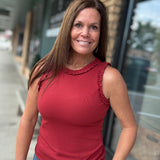Burnt Sienna Ruffle Trim Ribbed Tank Tops- Tanks DOE & RAE