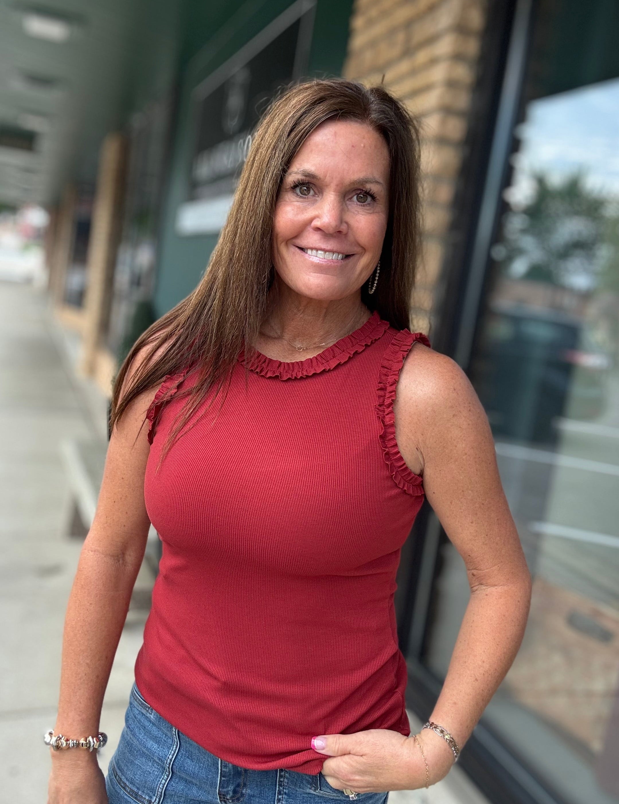 Burnt Sienna Ruffle Trim Ribbed Tank Tops- Tanks DOE & RAE