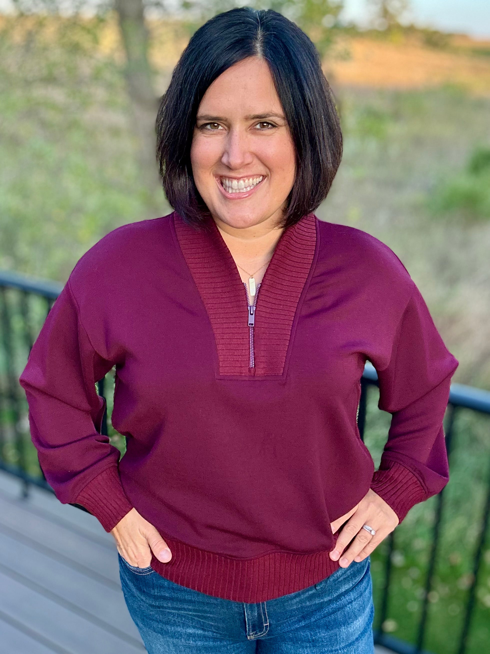 Dark Cherry Quarter Zip Pullover Tops- Sweaters RAE MODE