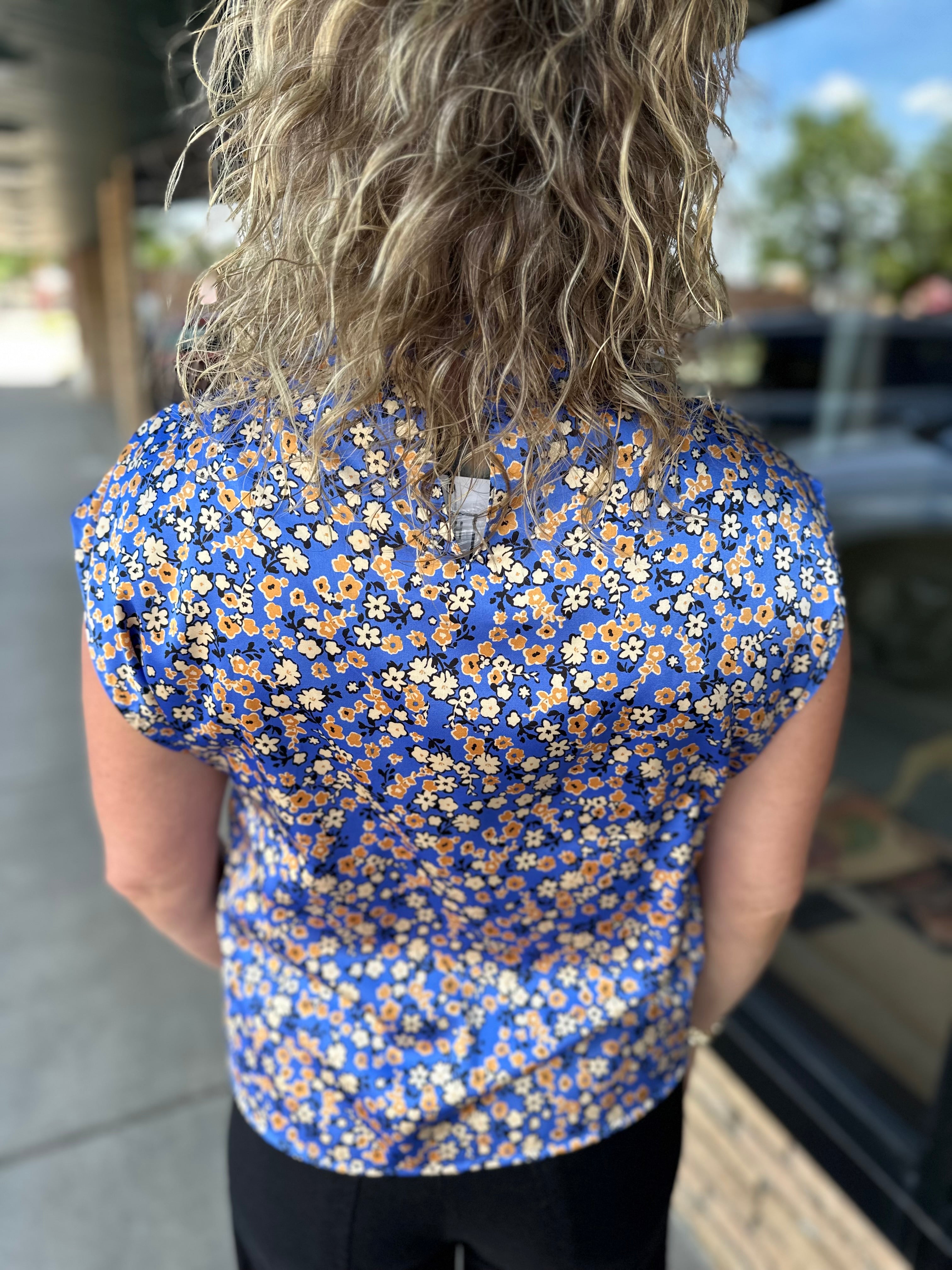Blue Floral Sleeveless Top Tops- Blouses THML