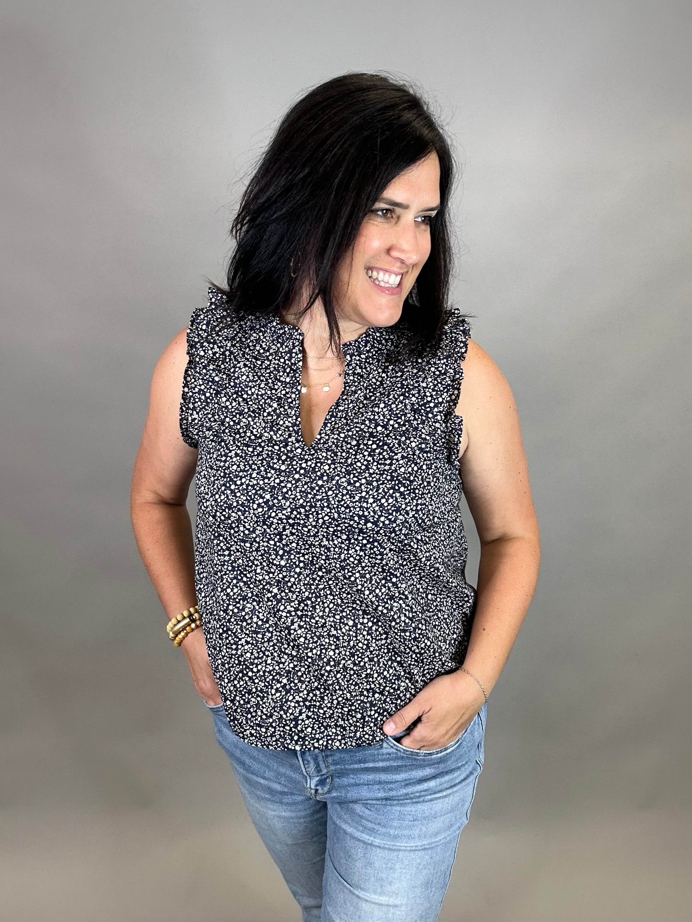 Navy Floral Poplin Top Tops- Blouses DOE & RAE
