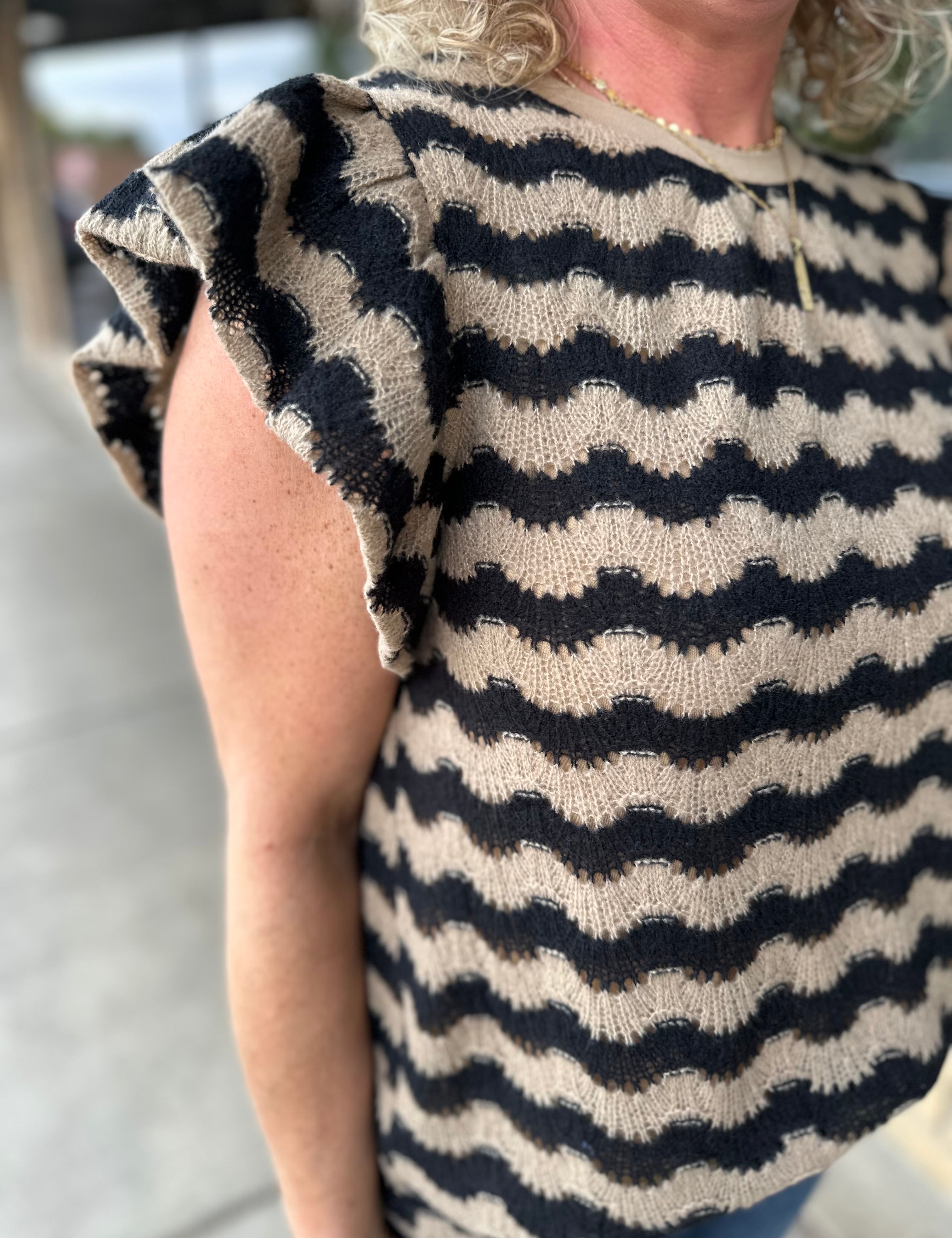 Camel & Black Wavy Stripe Ruffle Sleeve Top Top - Sweater VOY