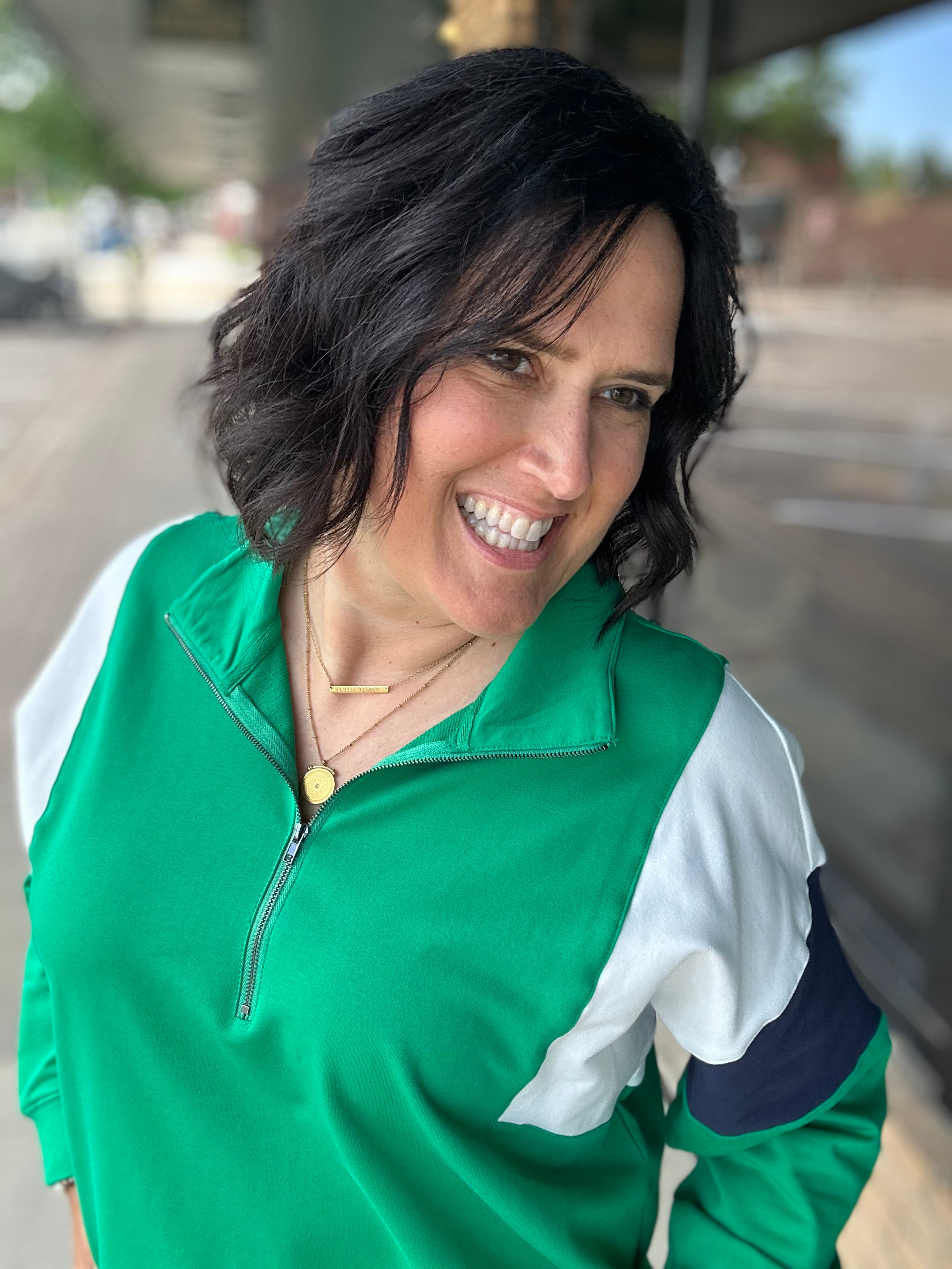 Green & Navy Combo Half Zip Oversized Sweatshirt Top - Sweatshirt WISHLIST