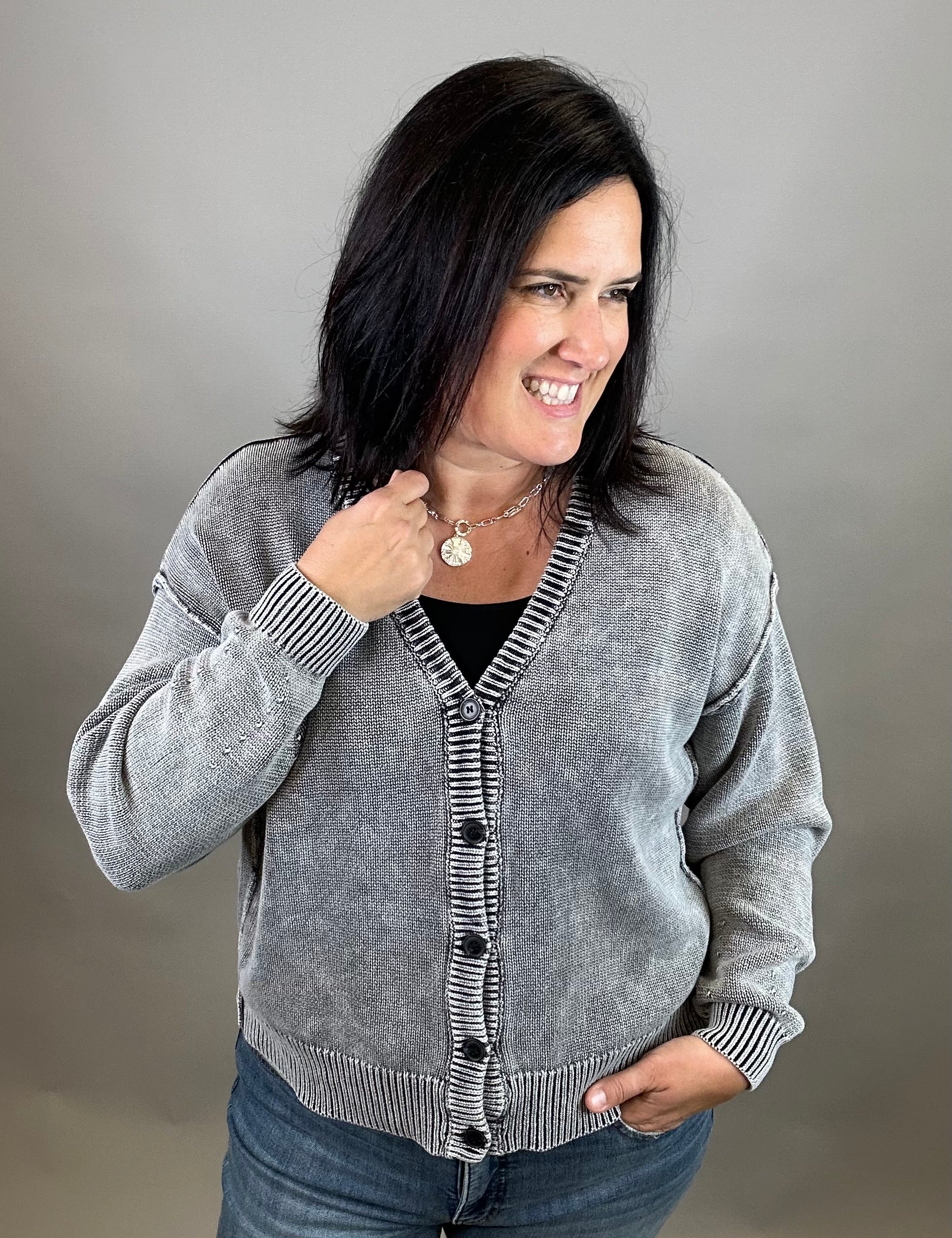 Washed Black Button Front Cardigan Tops- Cardigans EE:SOME