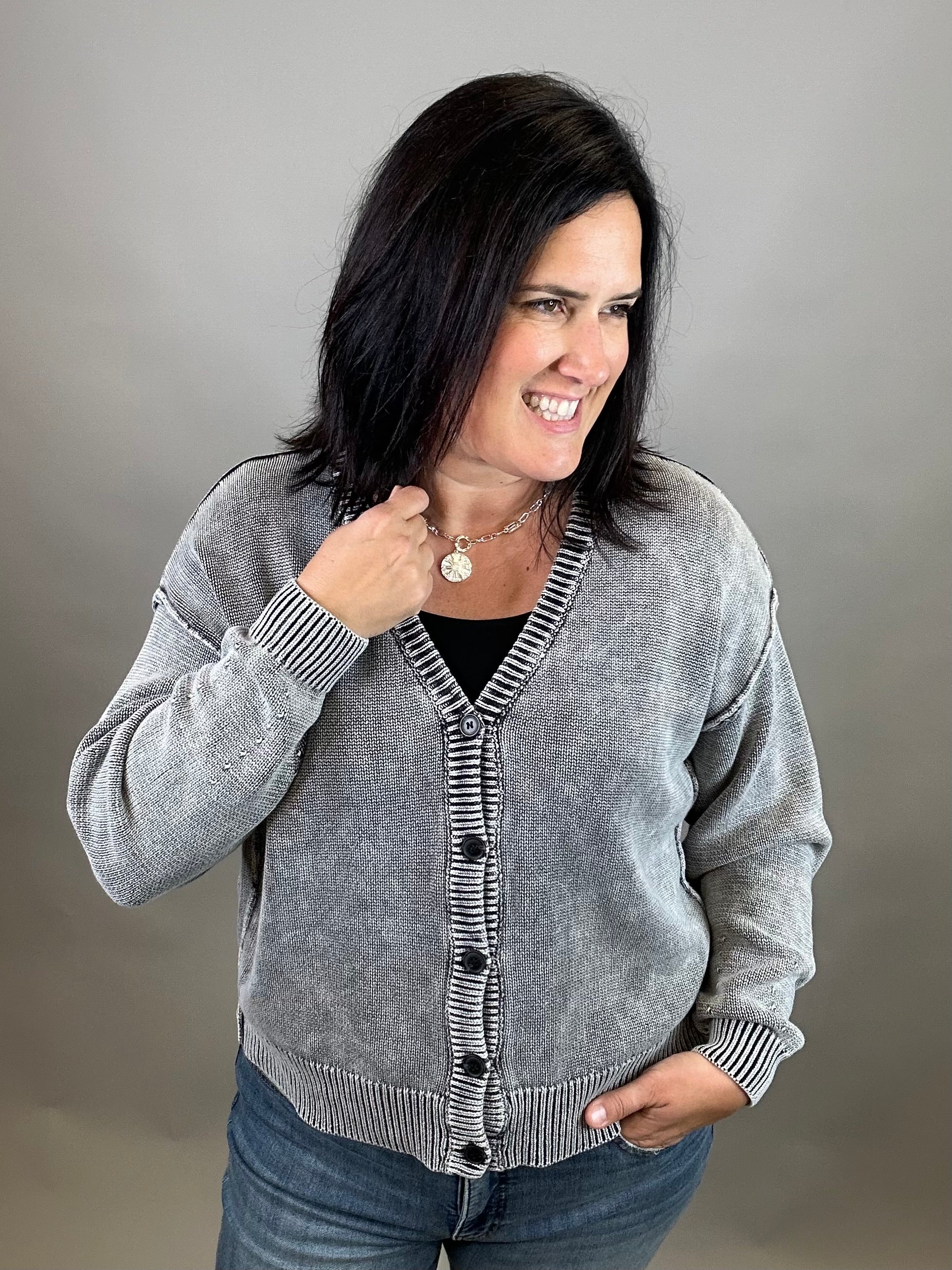 Washed Black Button Front Cardigan Tops- Cardigans EE:SOME