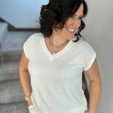 Ivory Waffle Knit V Neck Top - Tee ANDREE