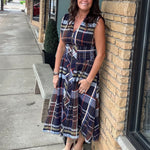 Navy Sleeveless Plaid Midi Dress THML
