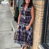 Navy Sleeveless Plaid Midi Dress THML
