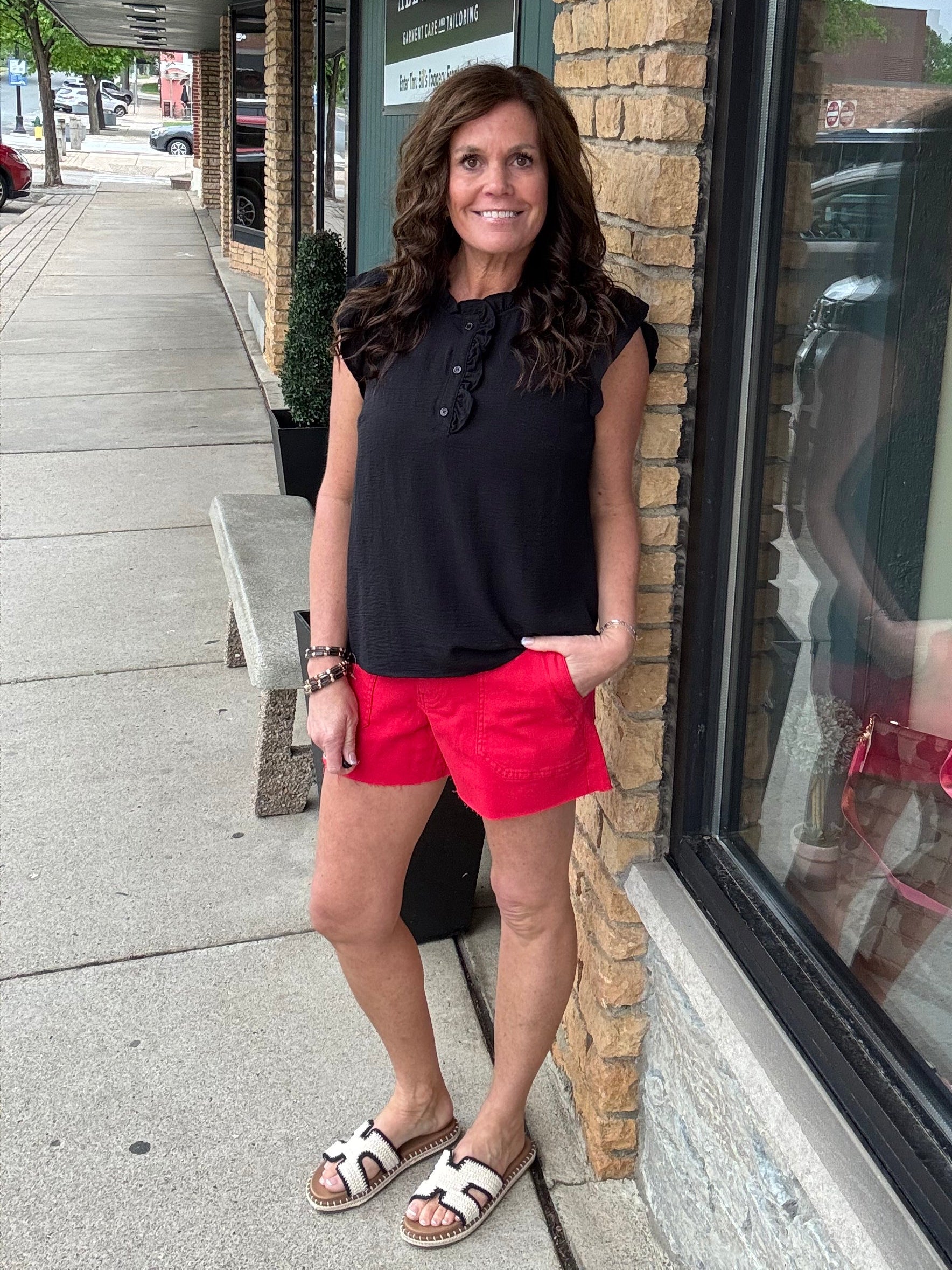 Black Ruffle Button Down Blouse Tops- Blouses STACCATO
