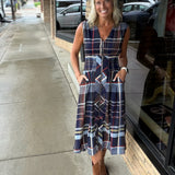 Navy Sleeveless Plaid Midi Dress THML