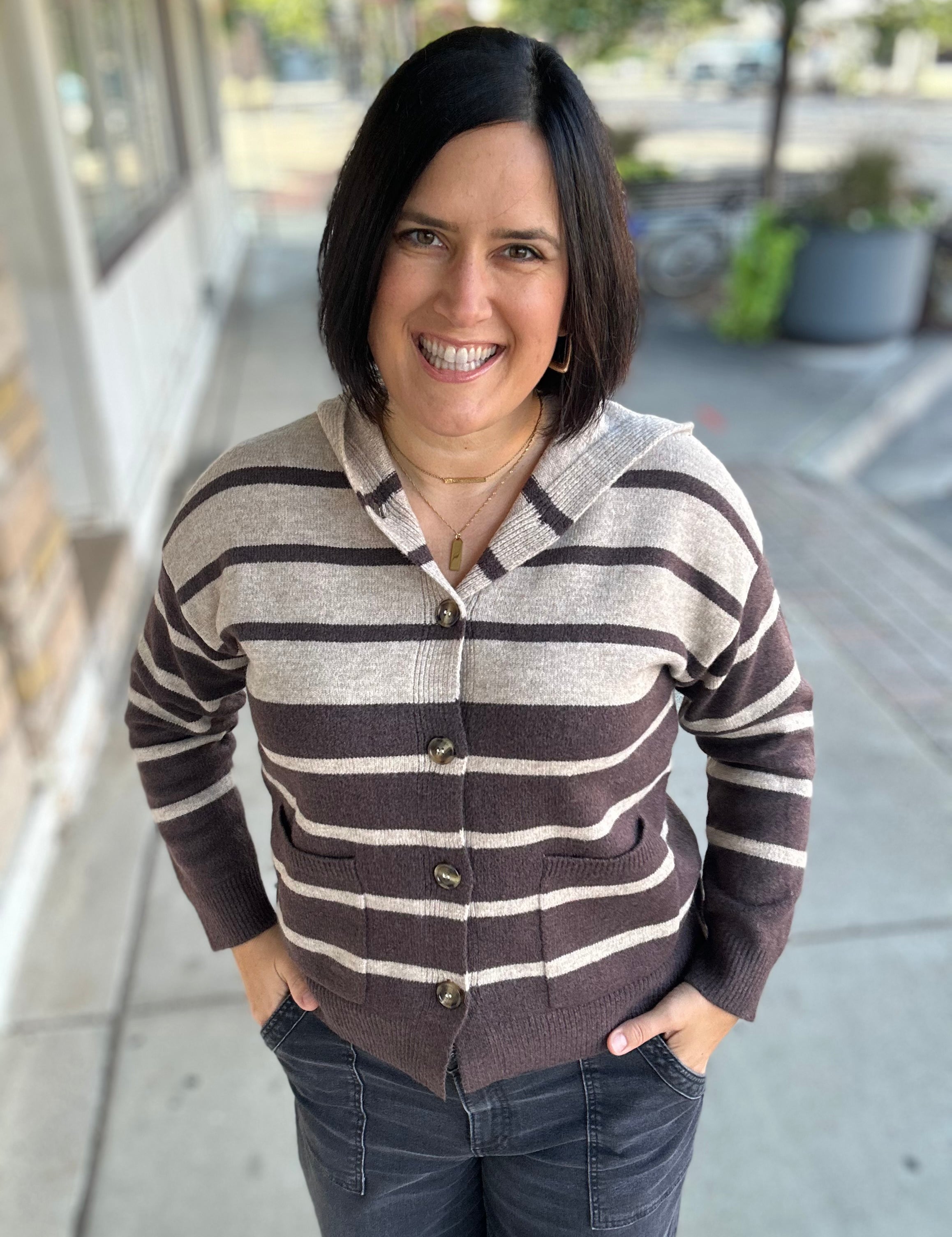 Dark Mocha Color Block Button Hoodie Top - Sweater STACCATO