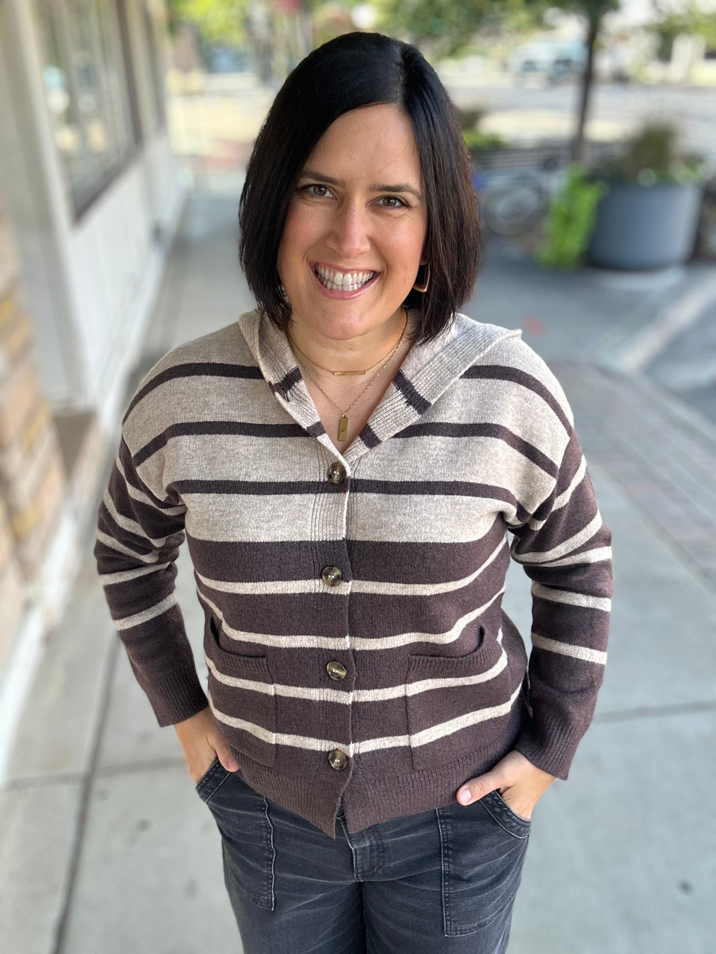 Dark Mocha Color Block Button Hoodie Top - Sweater STACCATO