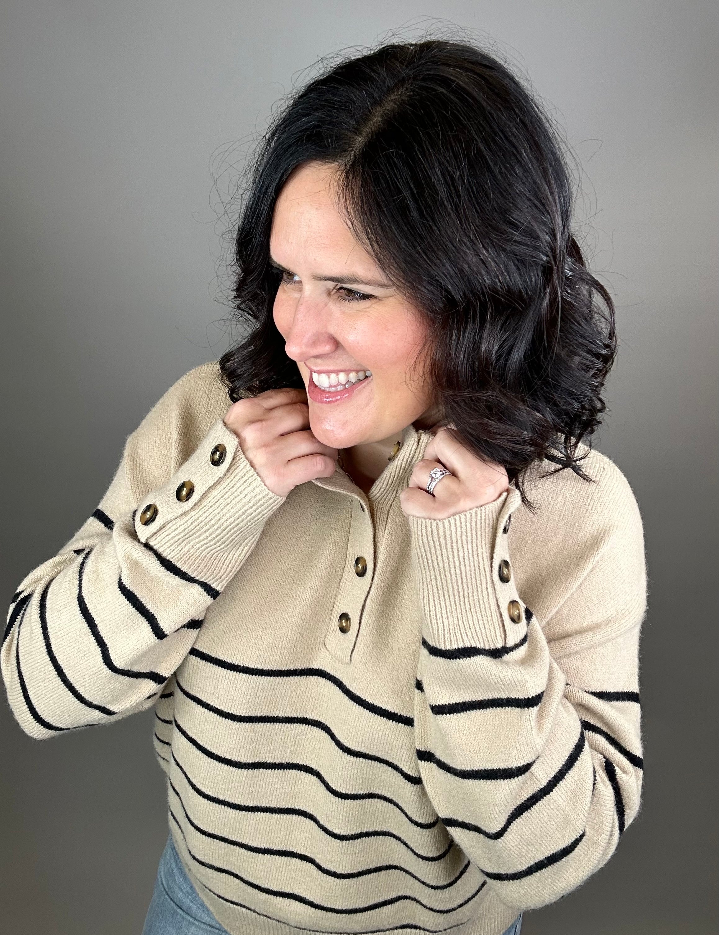 Mocha Striped Half Button Sweater Top - Sweater MIOU MUSE