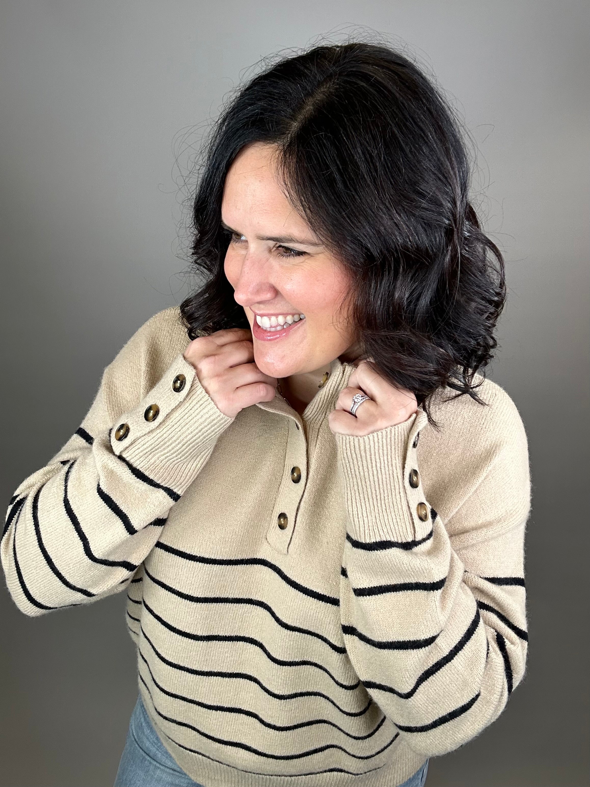 Mocha Striped Half Button Sweater Top - Sweater MIOU MUSE