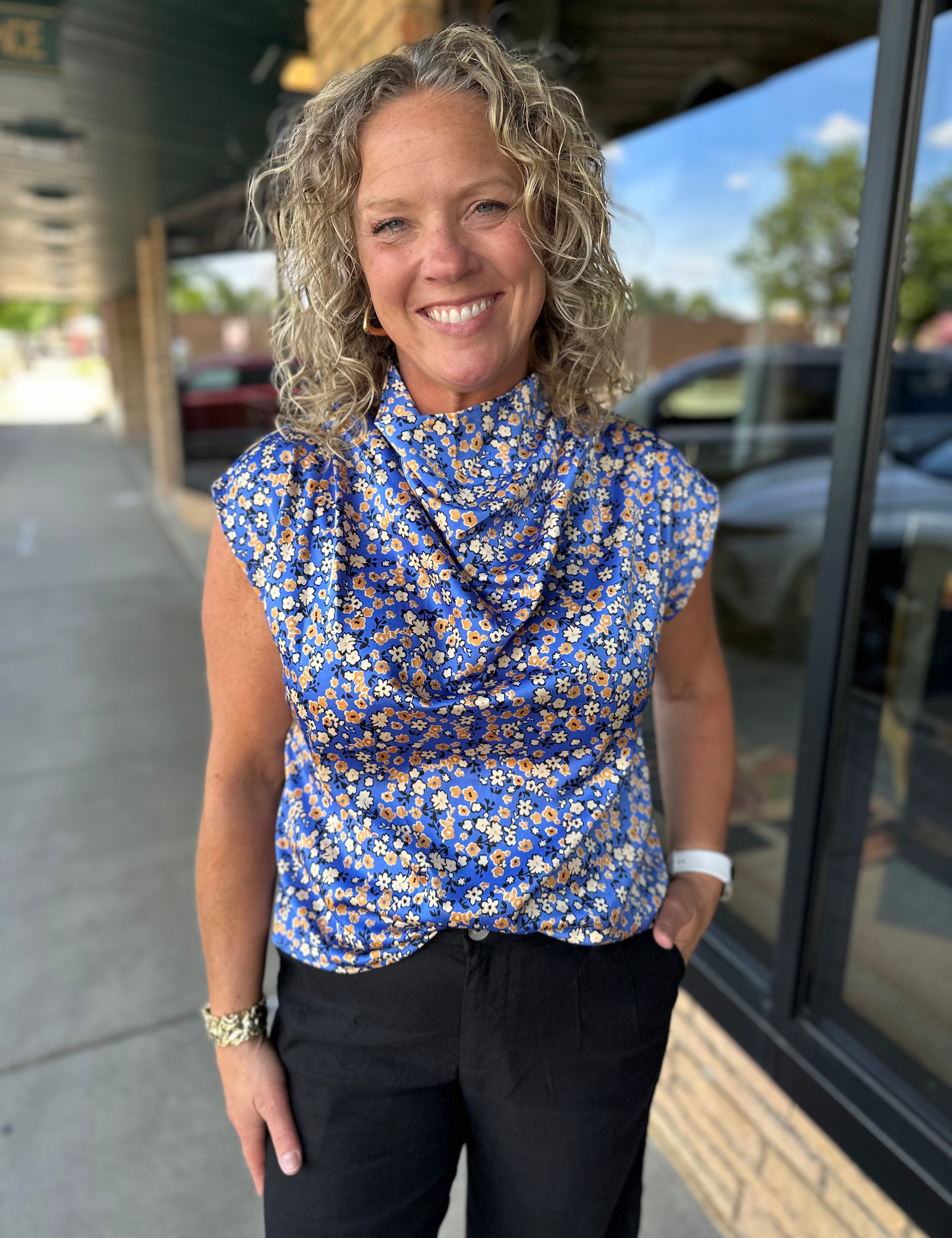 Blue Floral Sleeveless Top Tops- Blouses THML