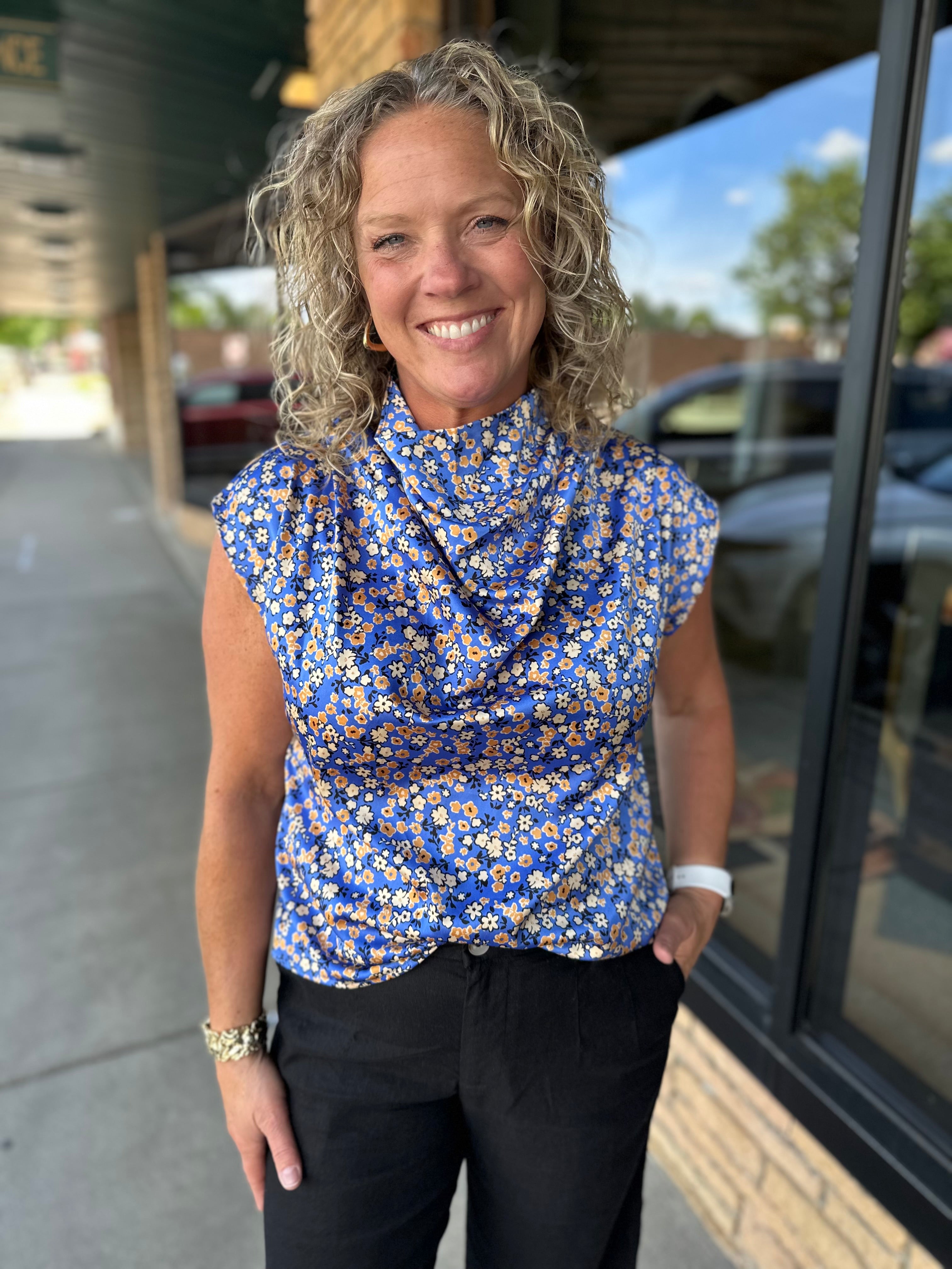 Blue Floral Sleeveless Top Tops- Blouses THML