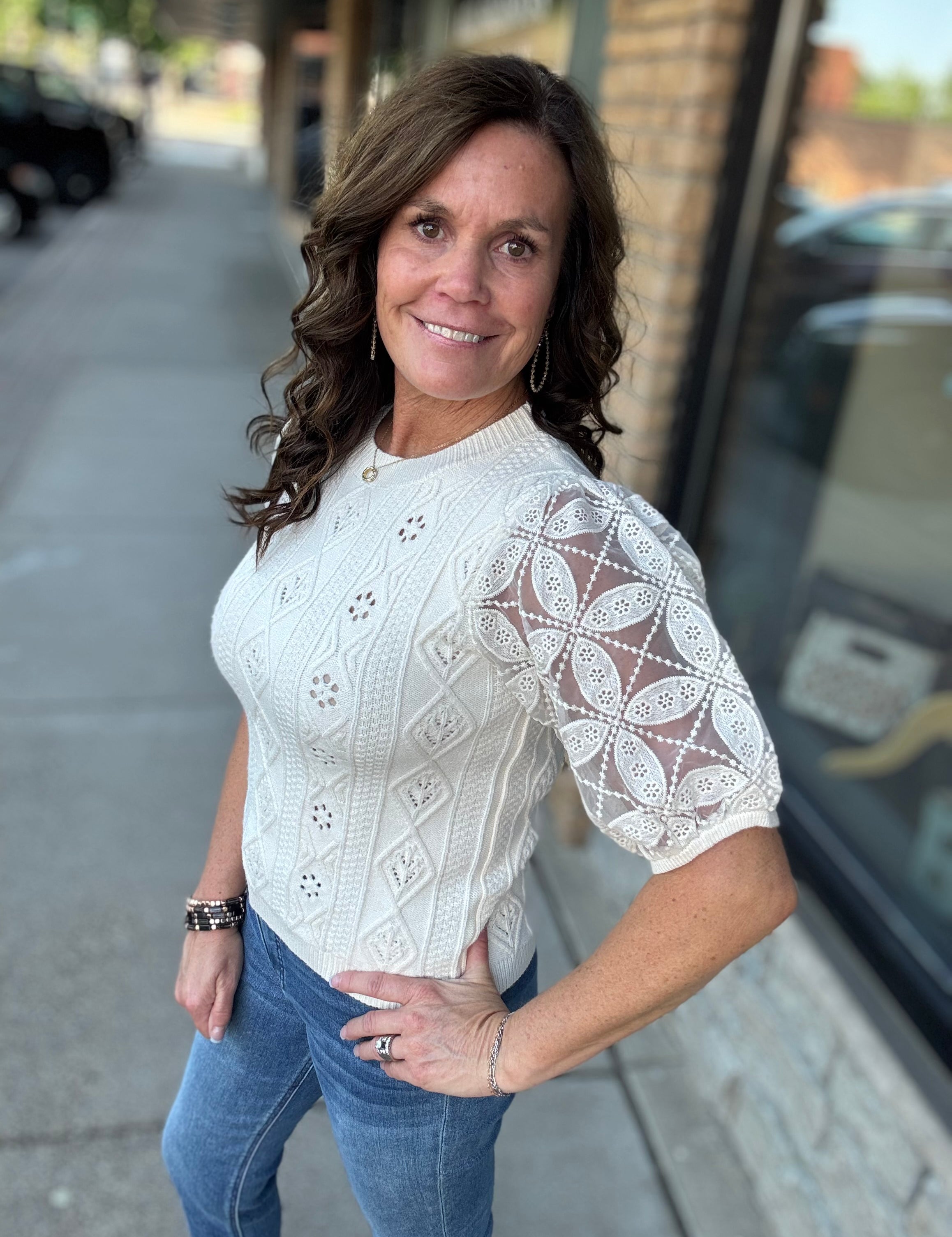 Cream SS Cable Knit Sweater Top - Sweater FATE by LFD