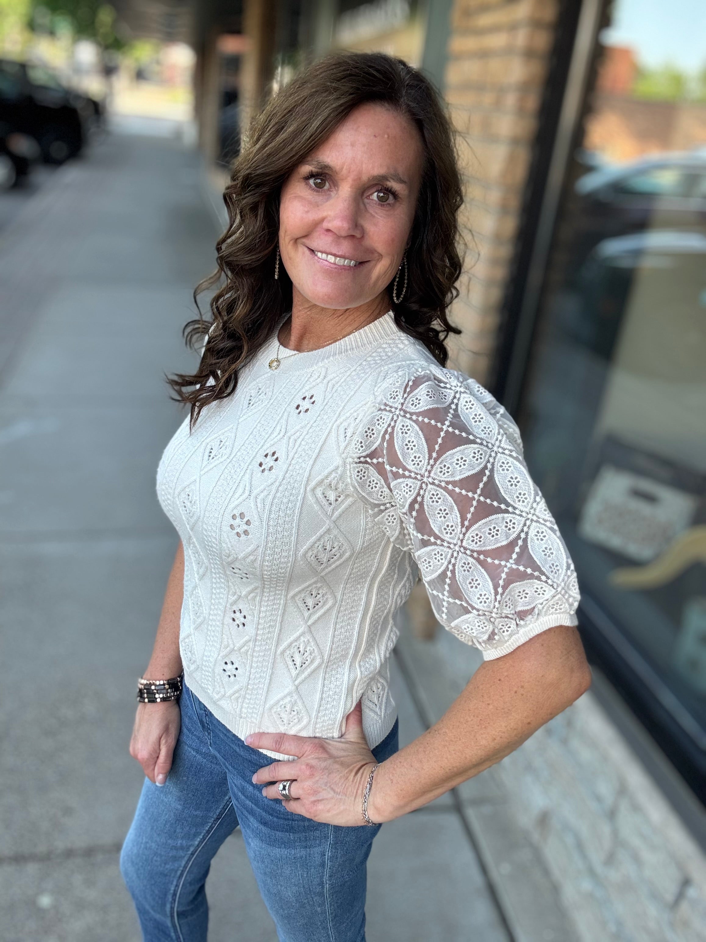 Cream SS Cable Knit Sweater Top - Sweater FATE by LFD