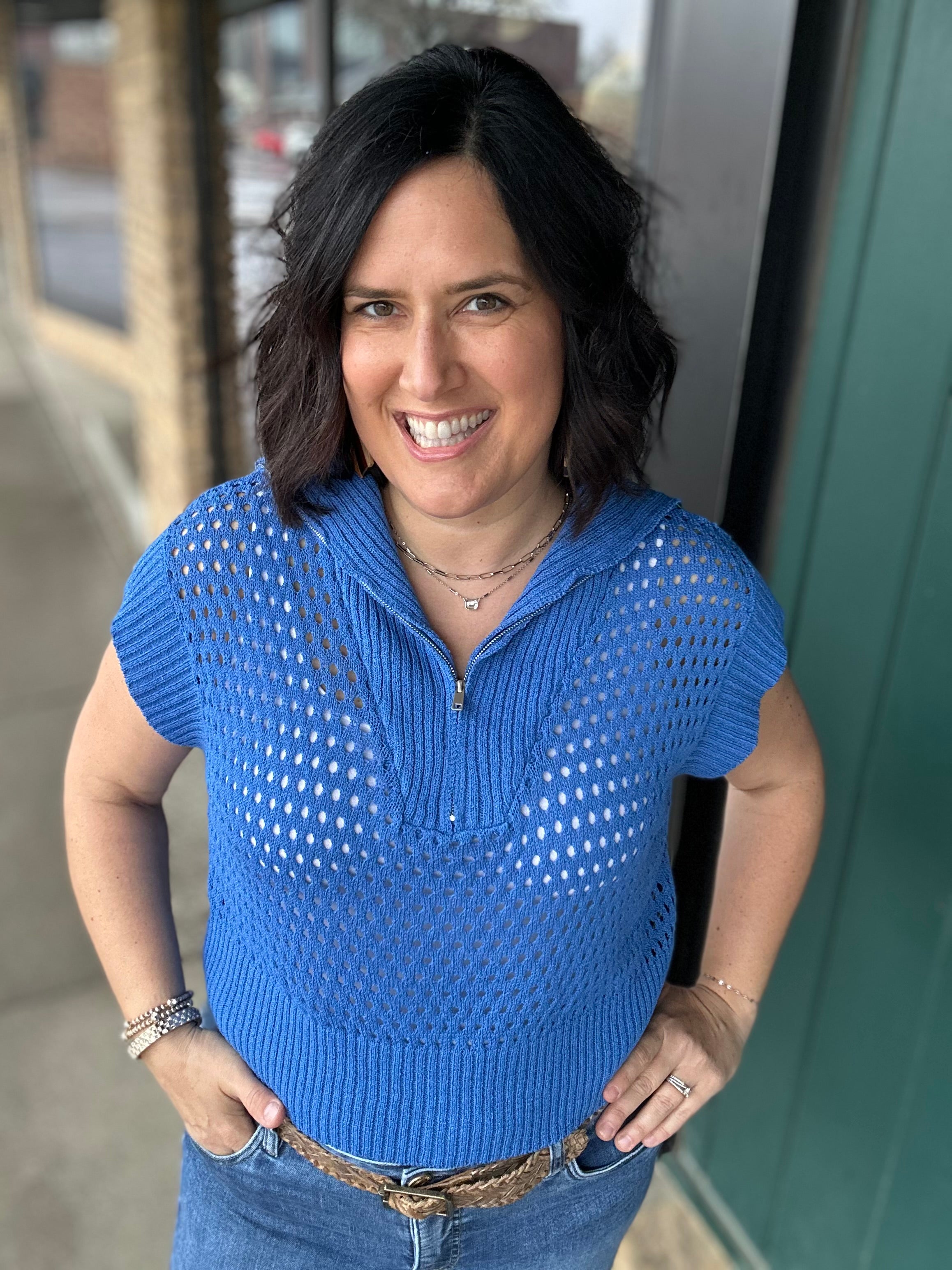 Royal Blue Zip Up Sweater Top - Sweater Mystree