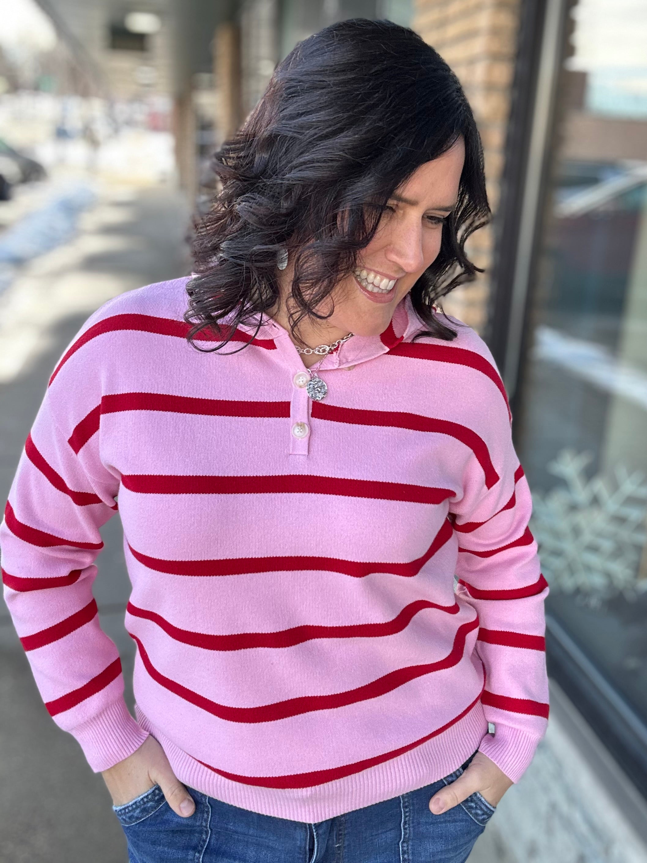 Pink and Red Striped Hoodie Sweater