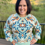 Sage/Gold Puff Sleeve Knit Sweater Top - Sweater VOY