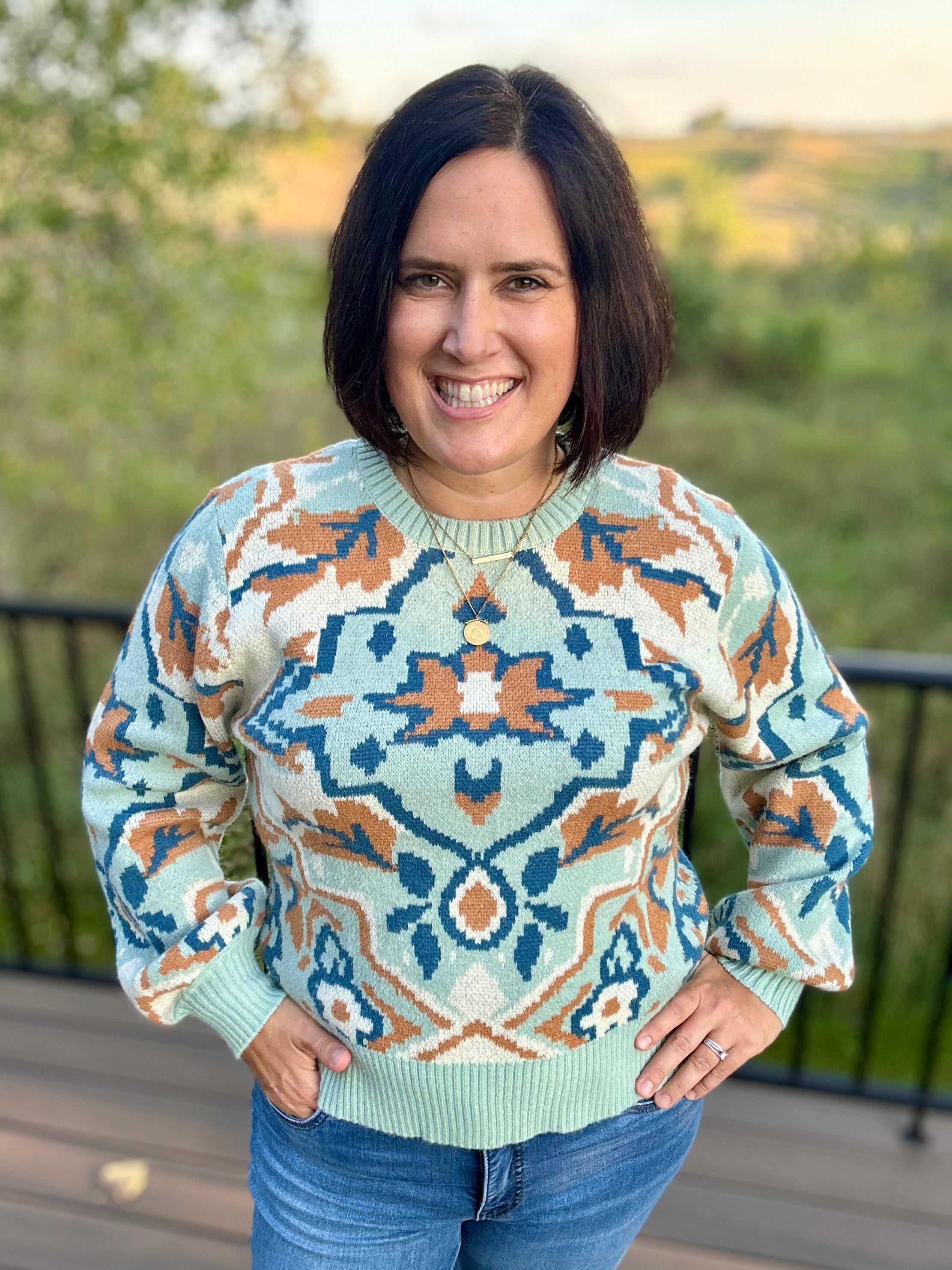 Sage/Gold Puff Sleeve Knit Sweater Top - Sweater VOY