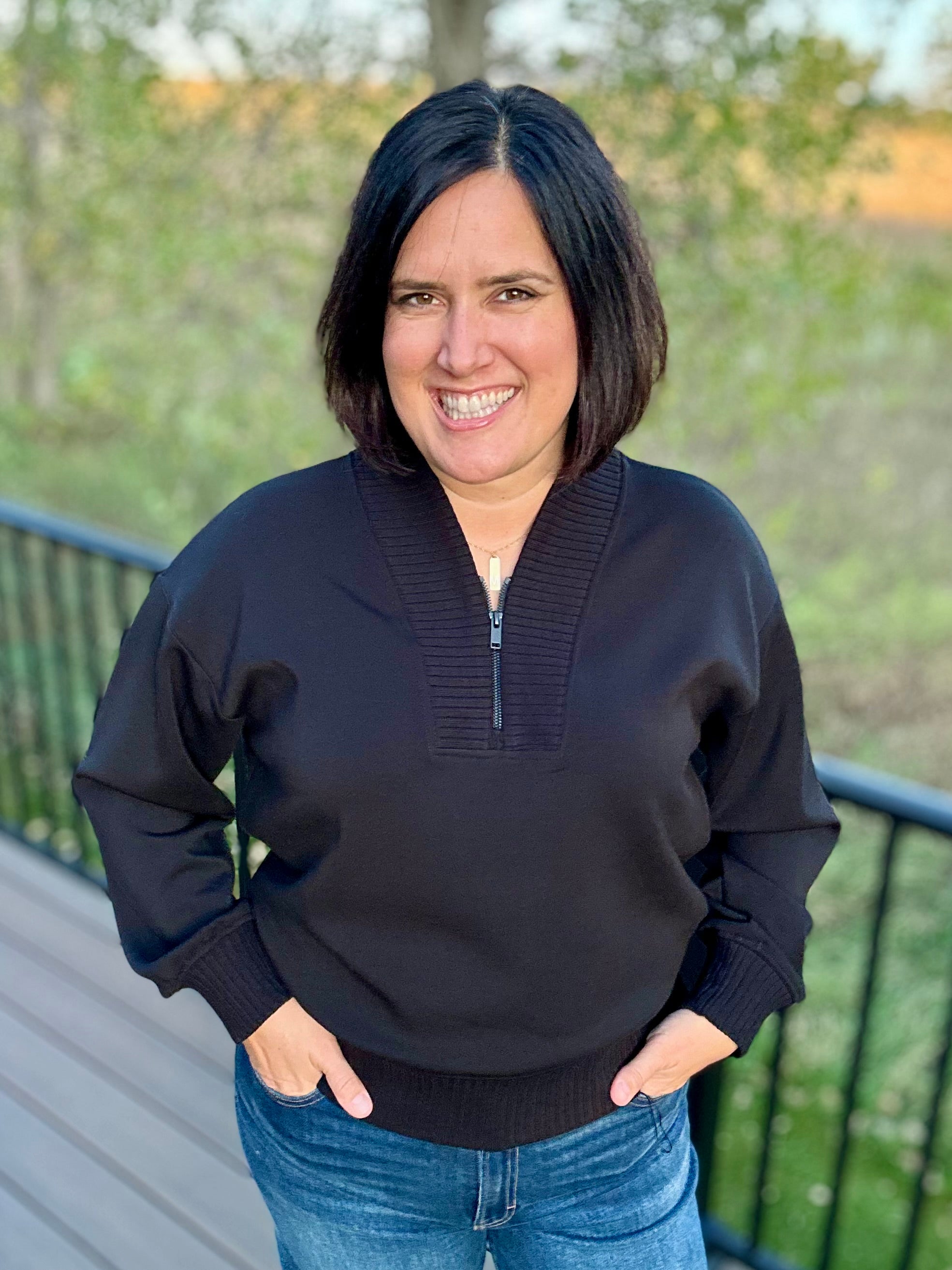 Black Quarter Zip Pullover Tops- Sweaters RAE MODE