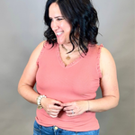 Salmon V Neck Frilled Tank Tops- Tanks DOE & RAE
