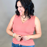 Salmon V Neck Frilled Tank Tops- Tanks DOE & RAE