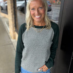 Forest & Taupe Stripe Raglan Crew Sweater Top - Sweater STACCATO