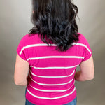 Magenta Striped V Neck Short Sleeve Sweater Top - Sweater STACCATO