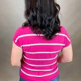 Magenta Striped V Neck Short Sleeve Sweater Top - Sweater STACCATO