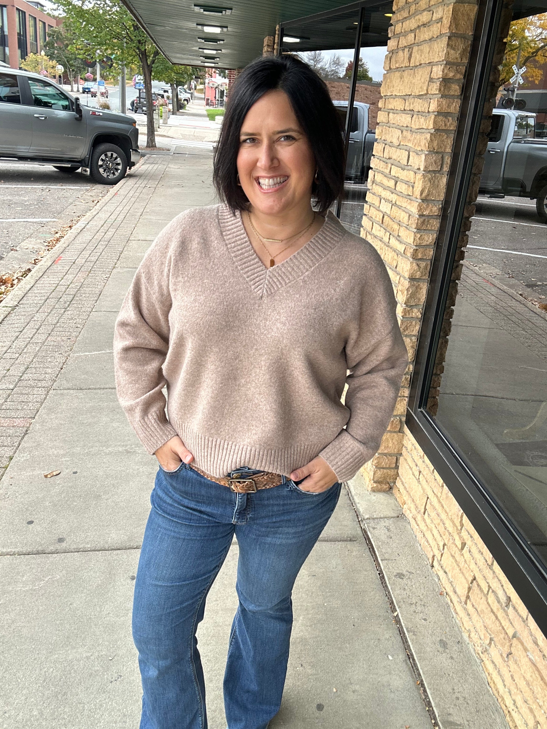 Mocha V-Neck Basic Sweater Top - Sweater HEM & THREAD
