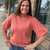Sunset Orange Bubble Sleeve Knit Top Top - Sweater VOY