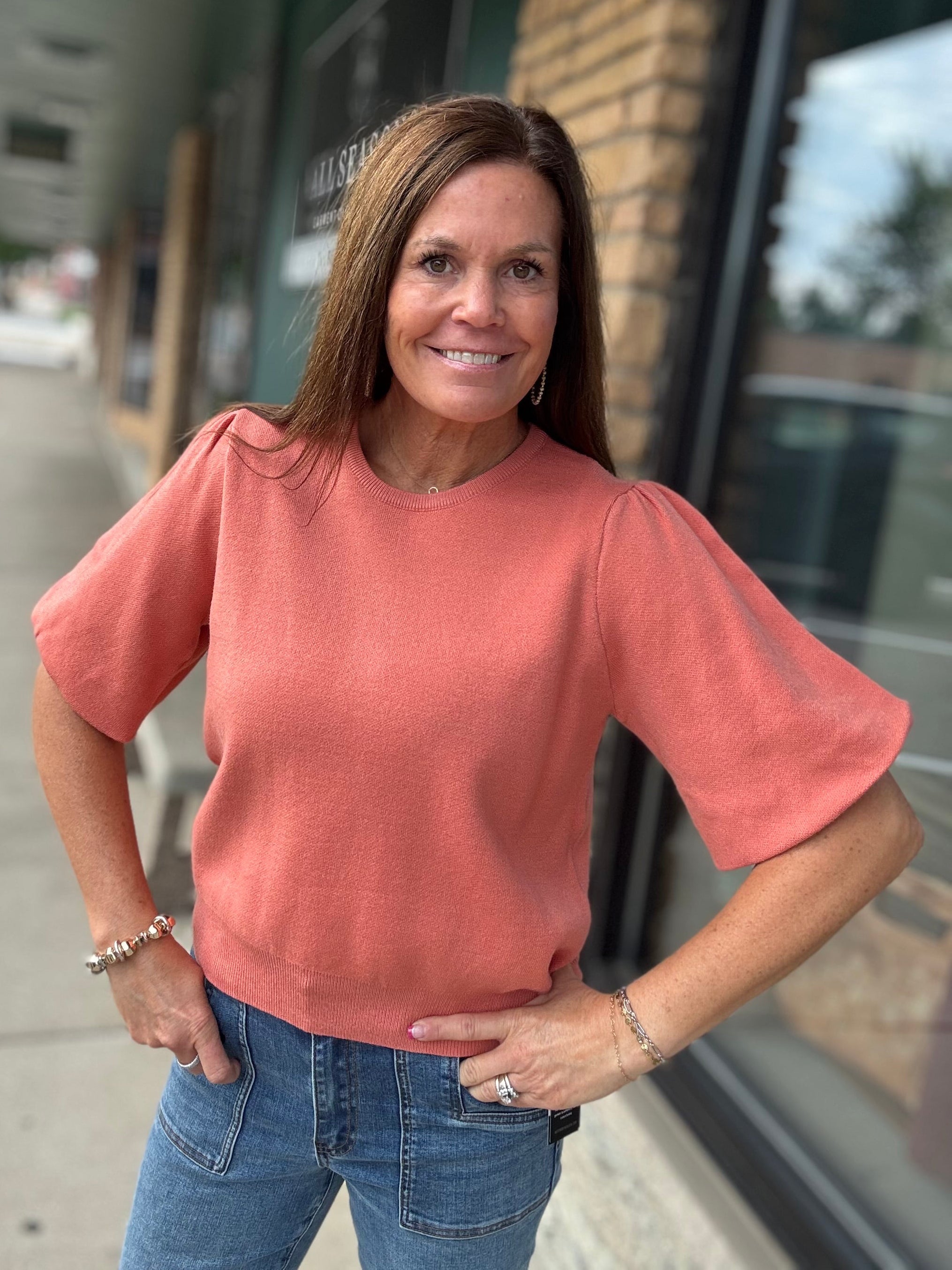 Sunset Orange Bubble Sleeve Knit Top Top - Sweater VOY
