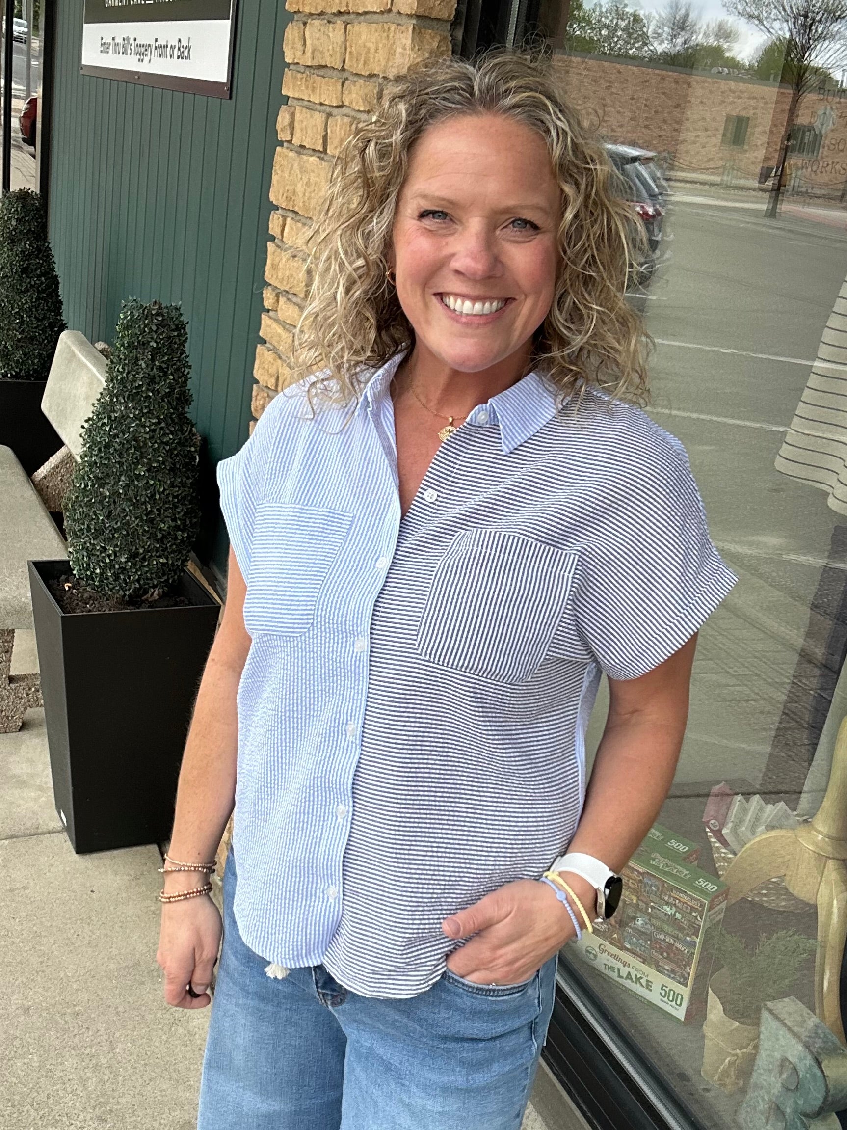 Blue Ramona Color Block Button Down Tops - Button Ups FLAG AND ANTHEM