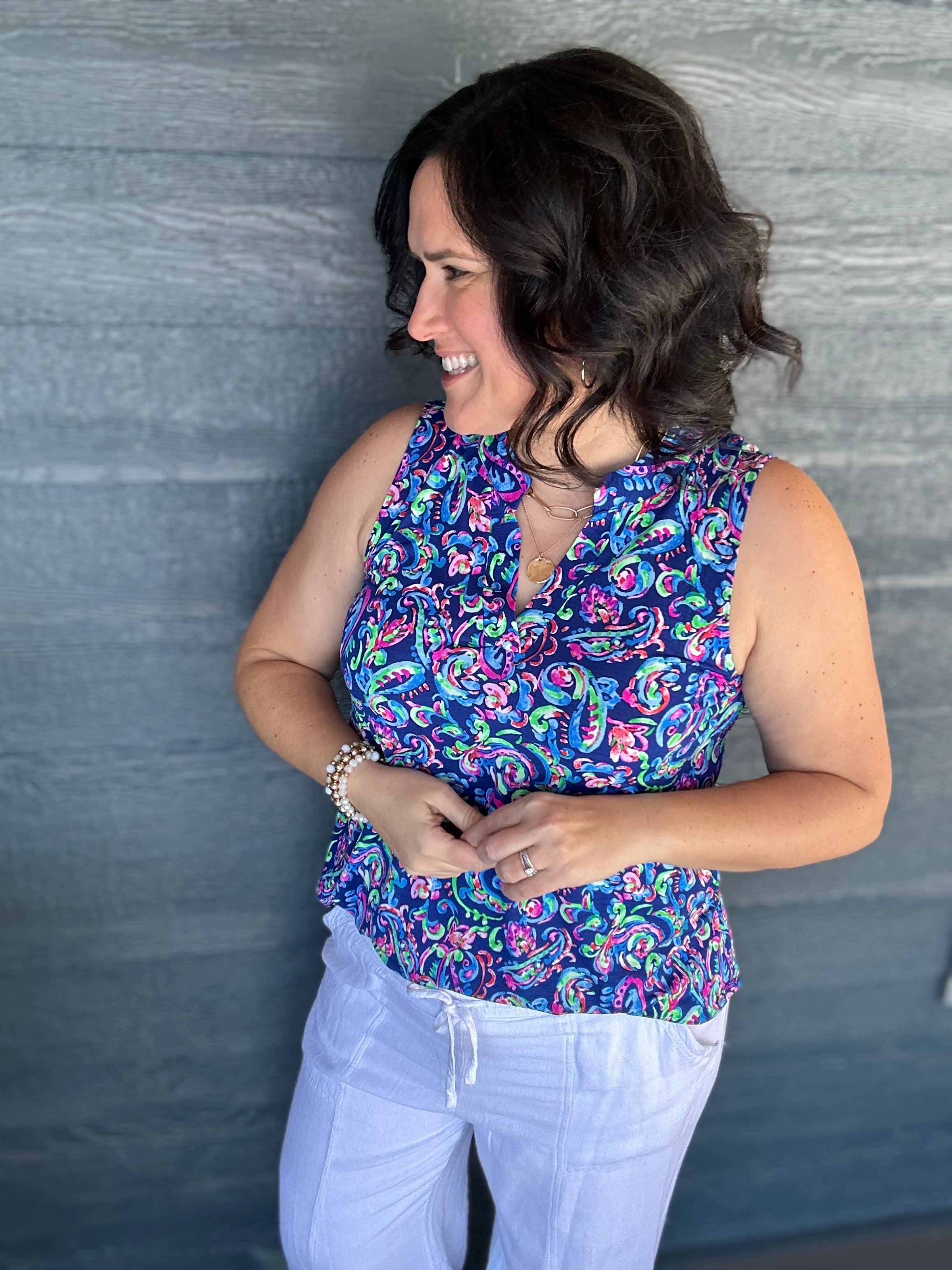 Royal Blue Multi Lizzy Top Tops- Blouses DEAR SCARLETT