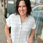 Blue & White Leetonia Dolman Short Sleeve Top Tops - Button Ups FLAG AND ANTHEM