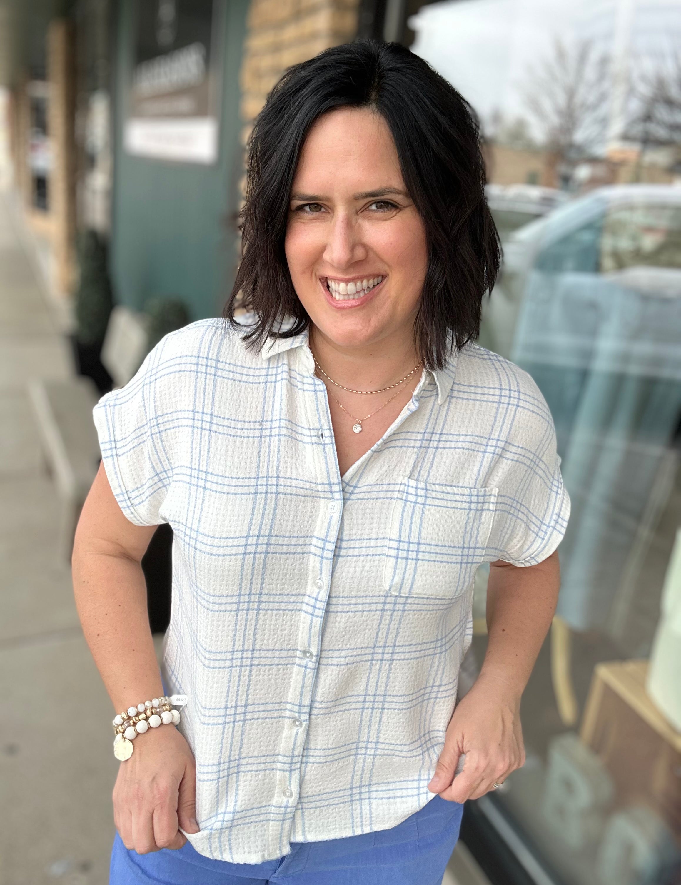 Blue & White Leetonia Dolman Short Sleeve Top Tops - Button Ups FLAG AND ANTHEM