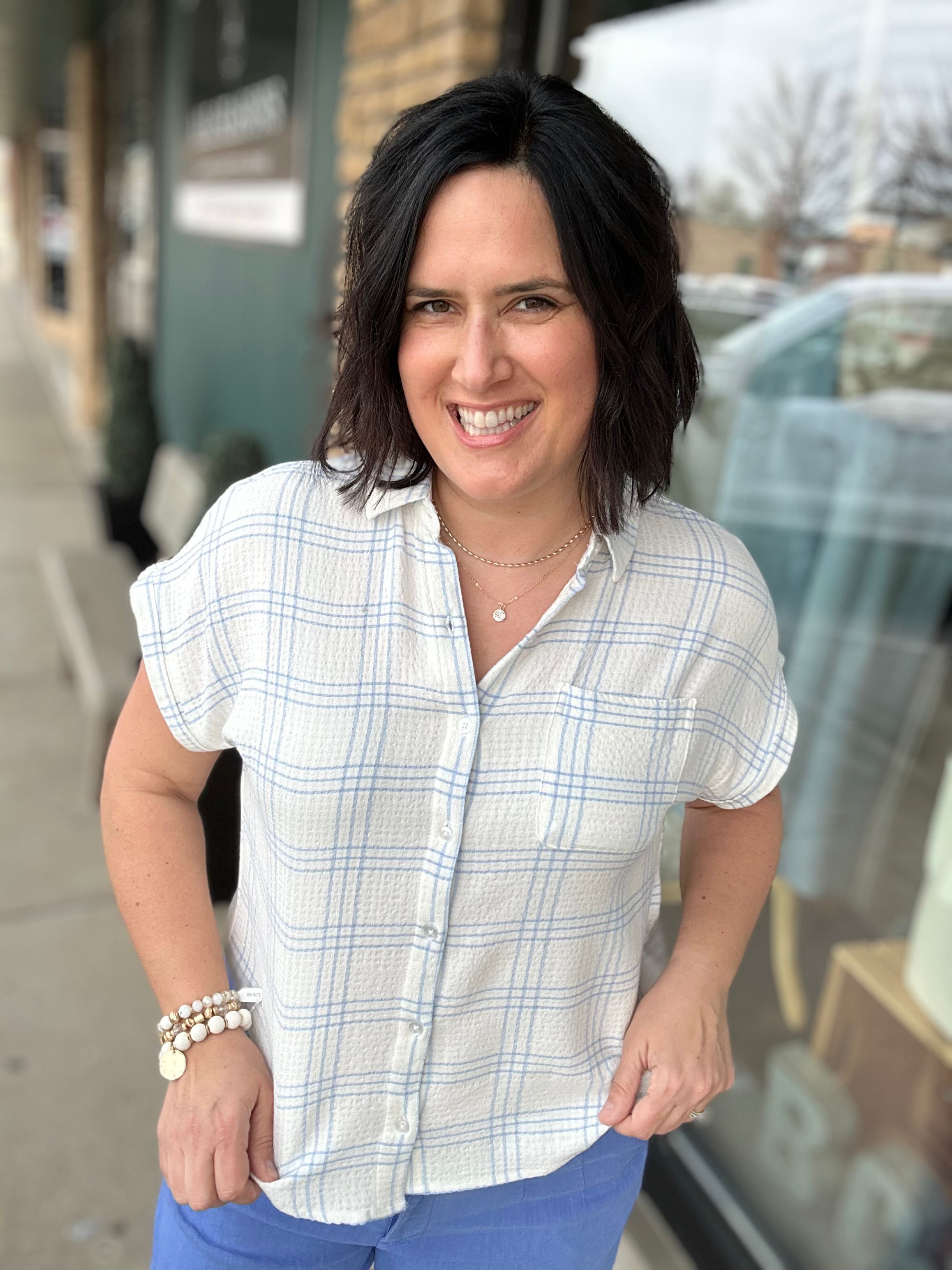 Blue & White Leetonia Dolman Short Sleeve Top Tops - Button Ups FLAG AND ANTHEM