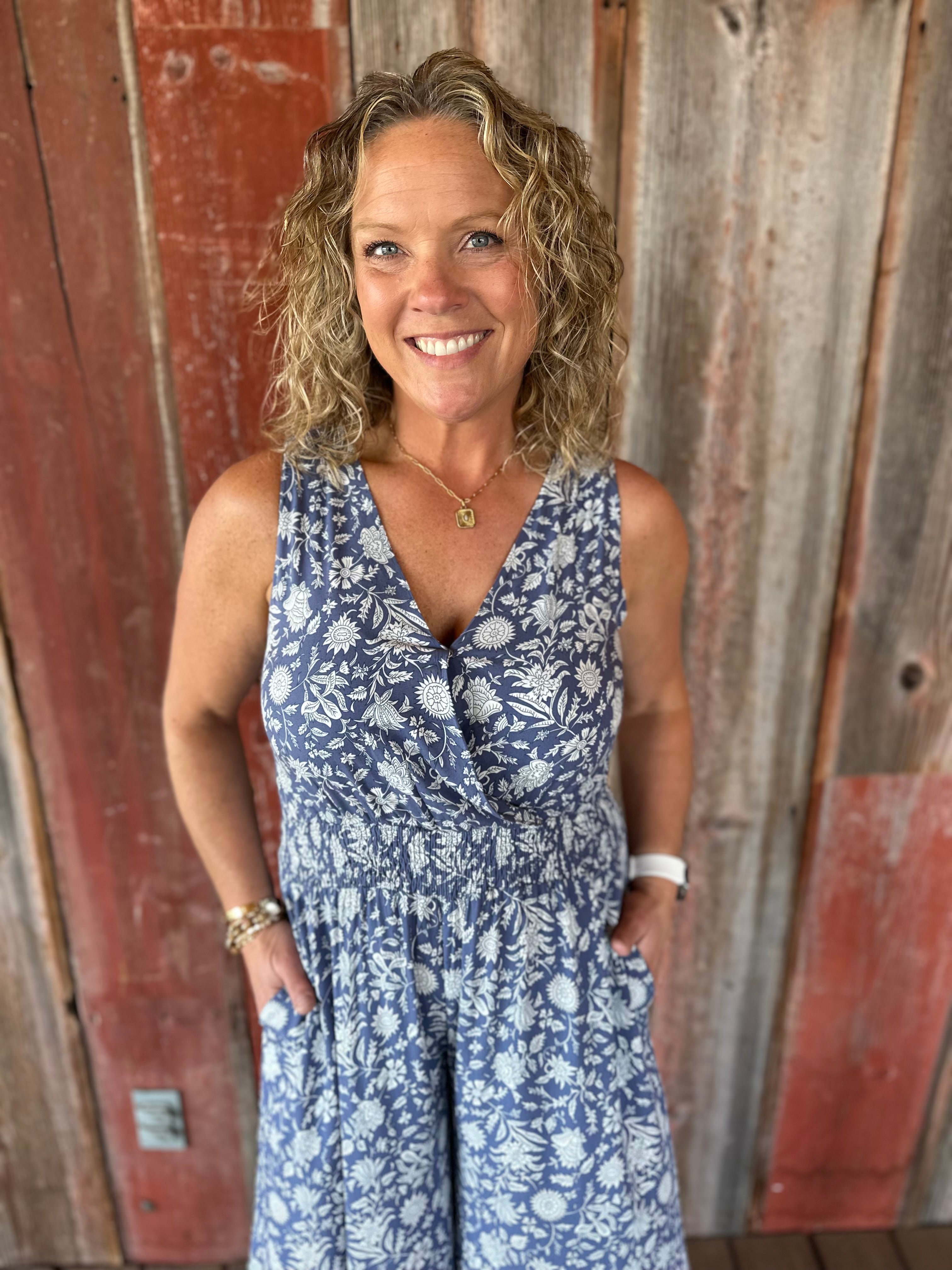 Blue Floral Print Jumper Jumpsuit COZY CO.