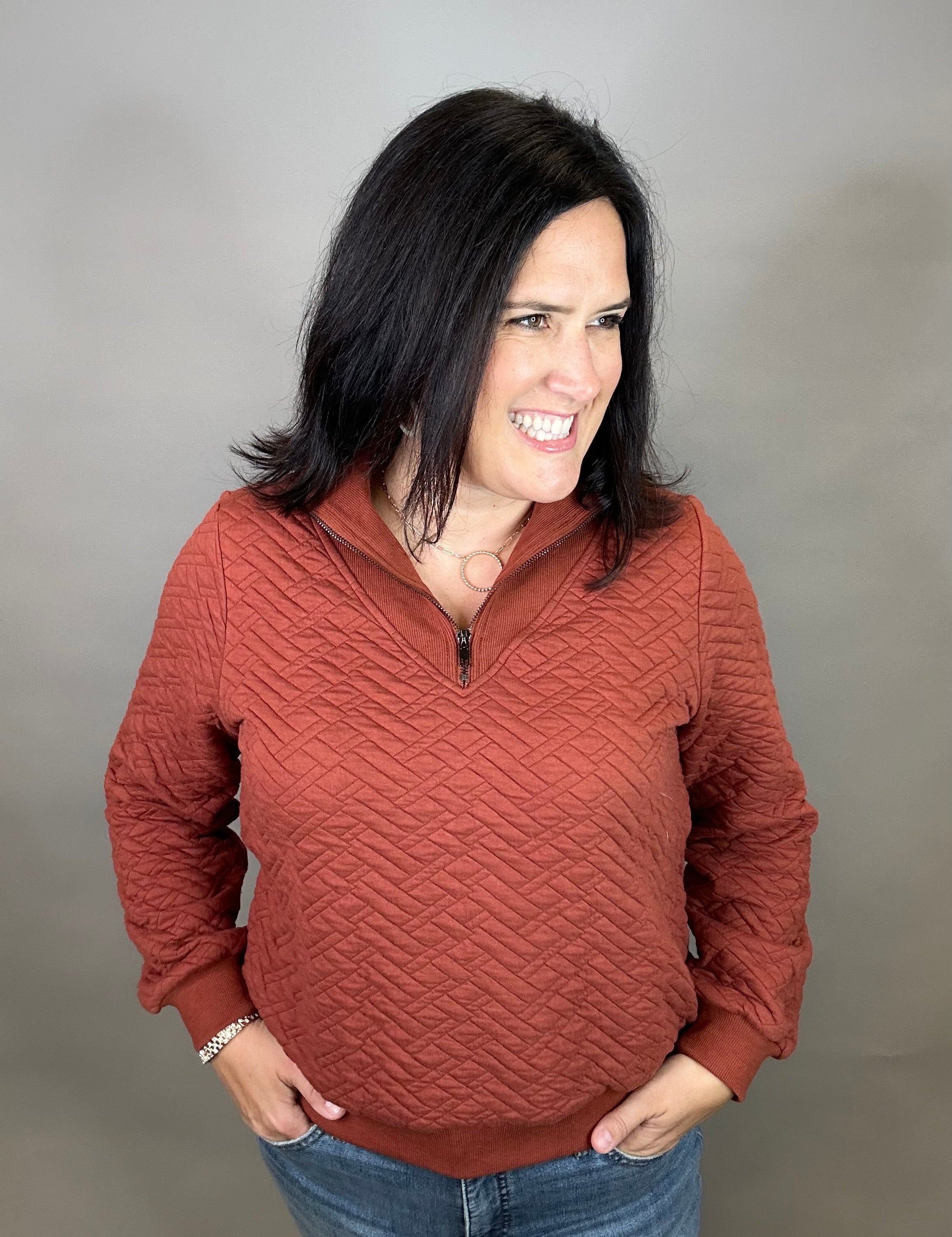 Rust Quilted Half Zip Top Top - Sweatshirt DOE & RAE