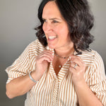 Tan Striped Puff Sleeve Pullover Top Tops- Blouses DOE & RAE