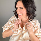 Tan Striped Puff Sleeve Pullover Top Tops- Blouses DOE & RAE