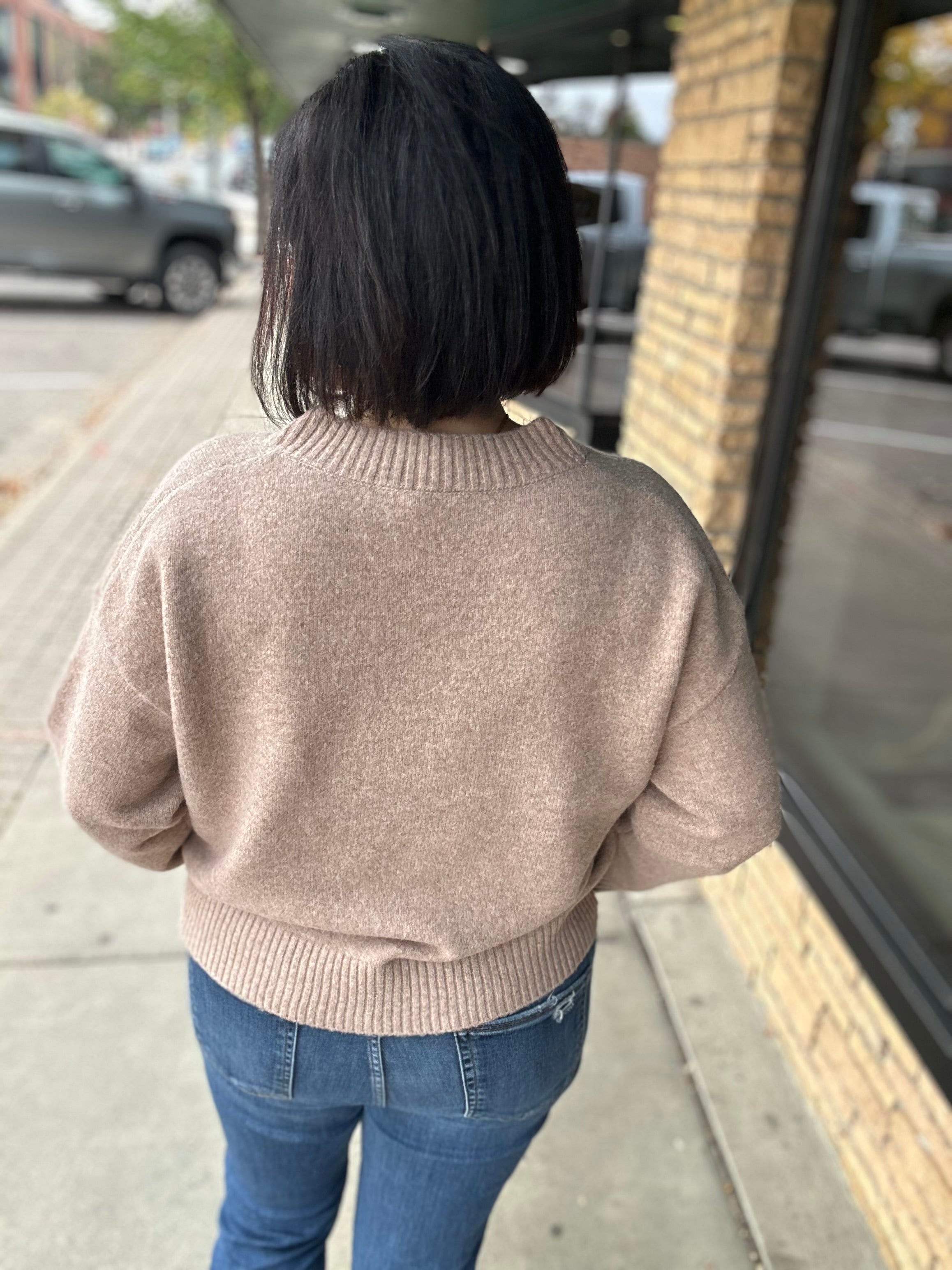 Mocha V-Neck Basic Sweater Top - Sweater HEM & THREAD
