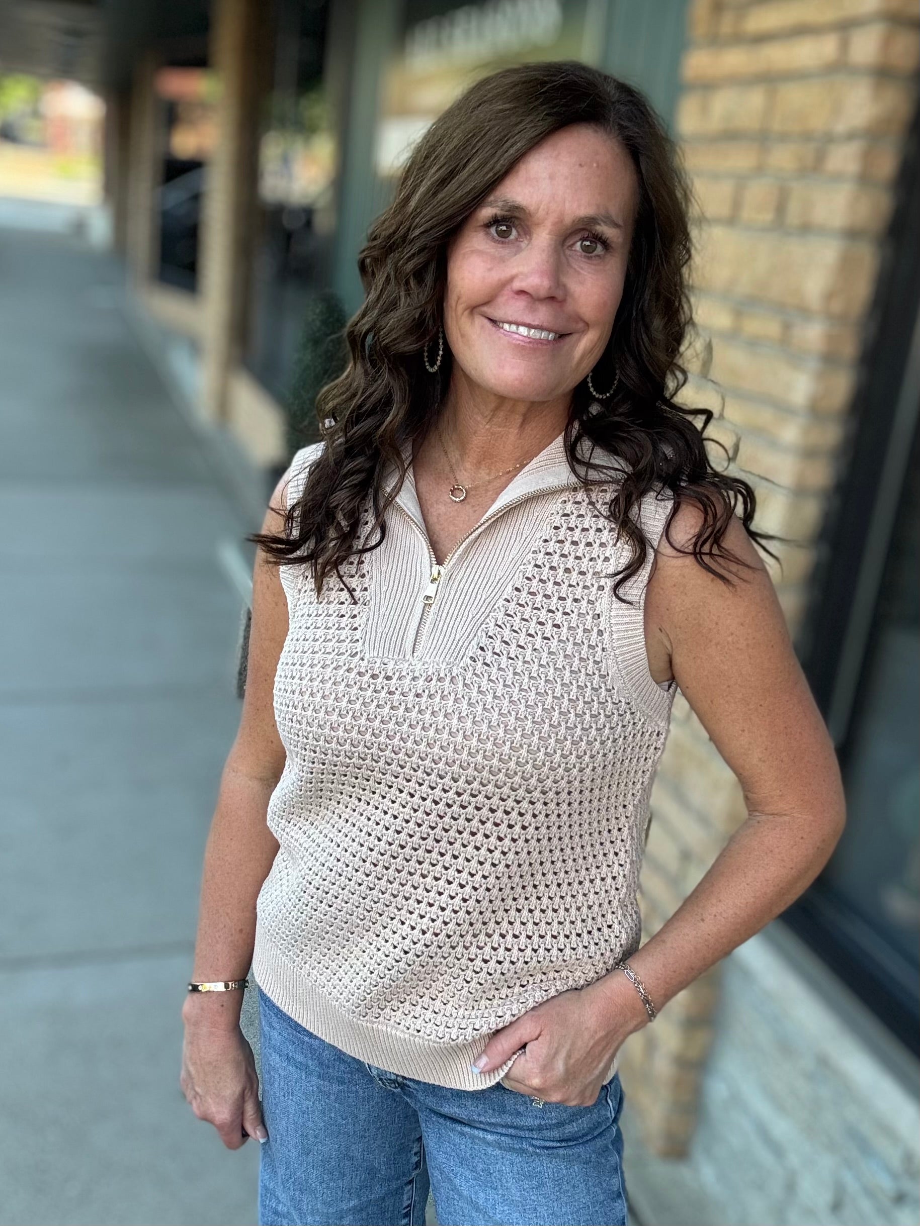 Taupe Half Zip Knit Tank Top - Sweater FATE by LFD
