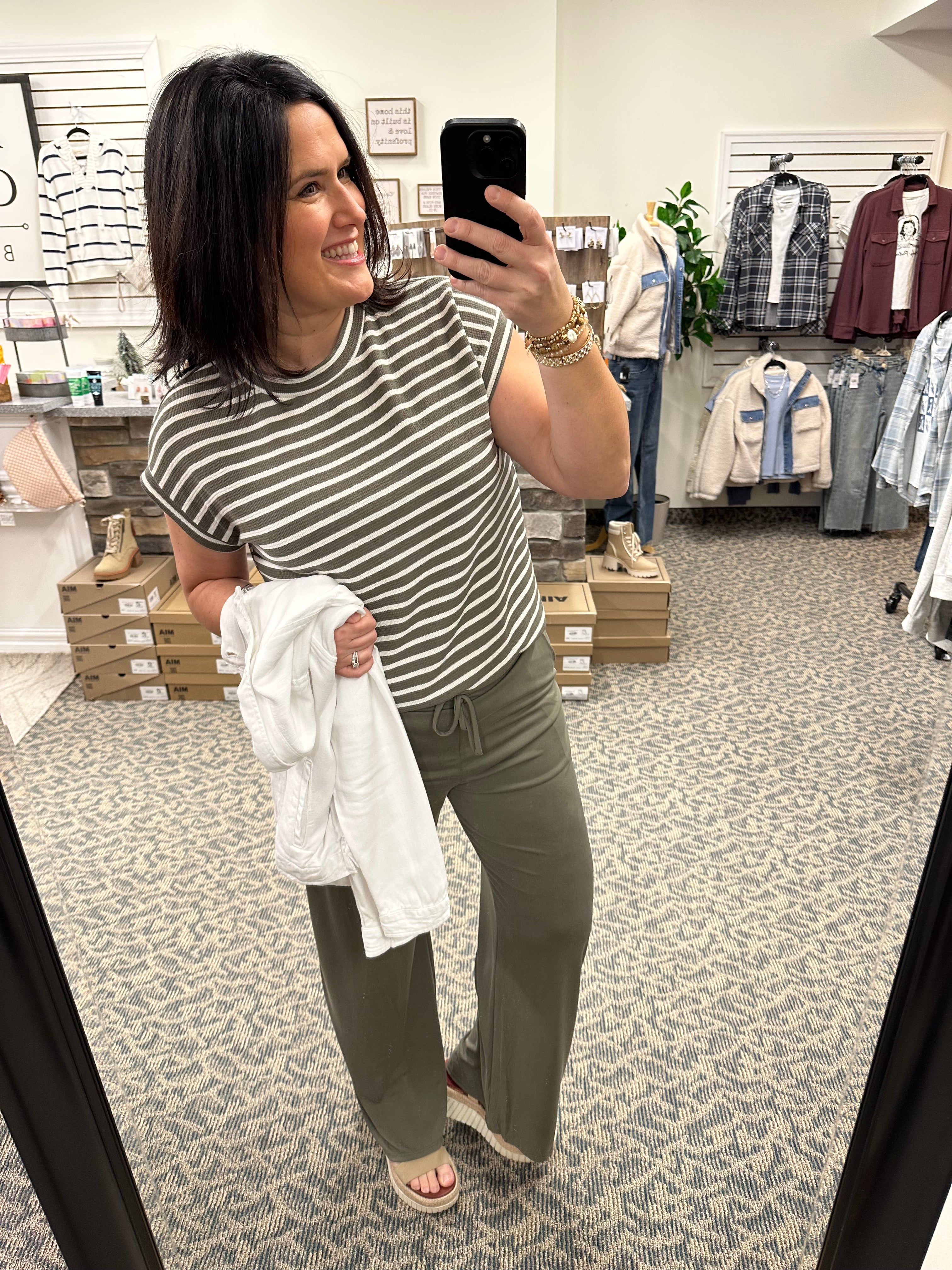 Olive Cream Stripe Rib Top Top - Tee GILLI